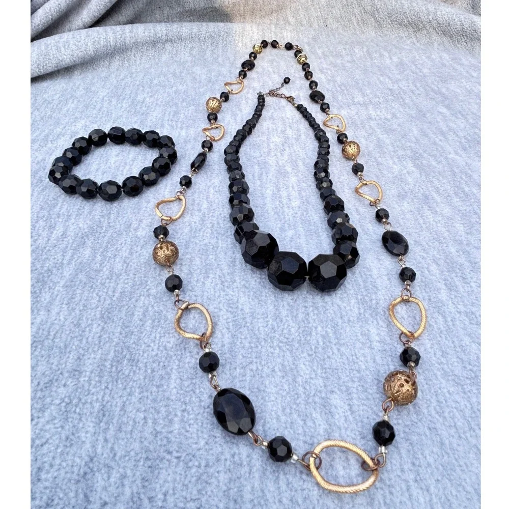 Dark Academia Beaded Jewelry Black Gold Tone‎ Acrylic Metal Necklaces Faceted